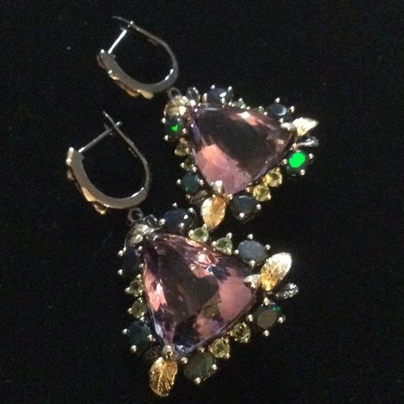 Atlanta Gem & Mineral Show Jewelry - Breathtaking Genuine Amethyst & Black Opal Earrings, combined 53 CTW !